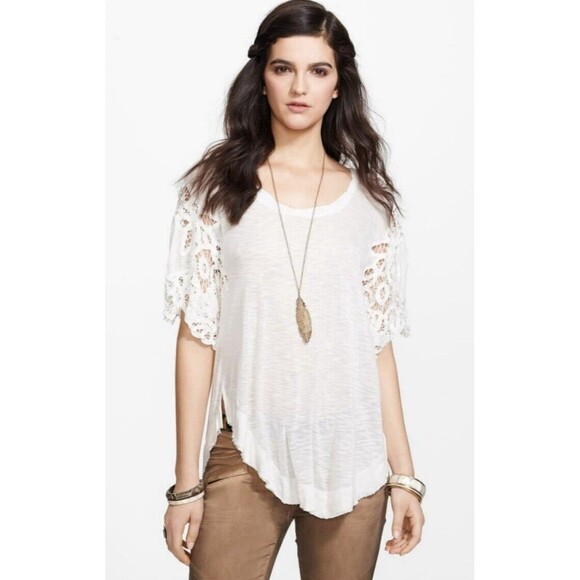 Free People Tops - Womens Size S Free People Lace Sleeve Tee Ivory EUC